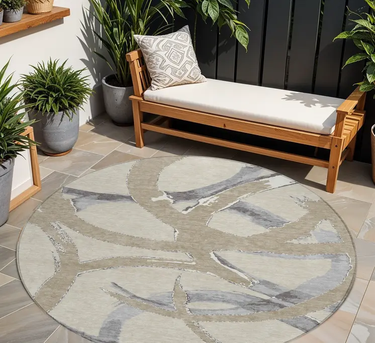 8' Beige Ivory And Gray Round Abstract Washable Indoor Outdoor Area Rug