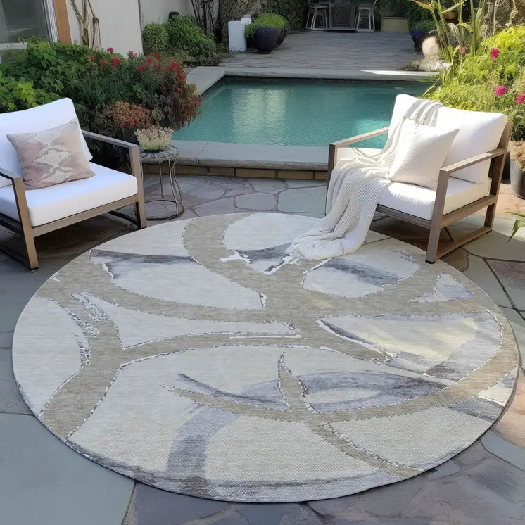 8' Beige Ivory And Gray Round Abstract Washable Indoor Outdoor Area Rug
