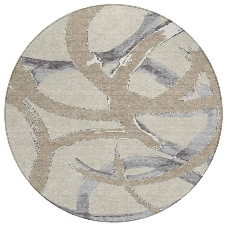 8' Beige Ivory And Gray Round Abstract Washable Indoor Outdoor Area Rug