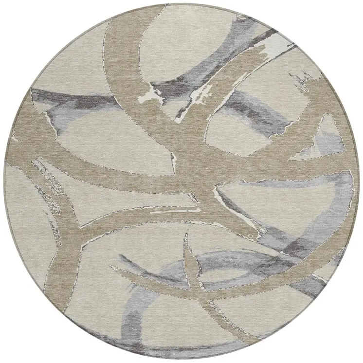 8' Beige Ivory And Gray Round Abstract Washable Indoor Outdoor Area Rug