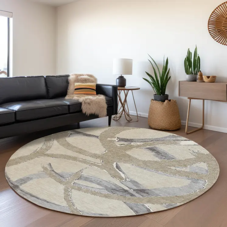 8' Beige Ivory And Gray Round Abstract Washable Indoor Outdoor Area Rug