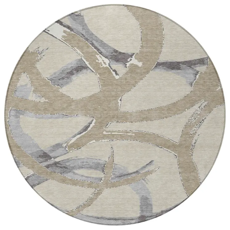 8' Beige Ivory And Gray Round Abstract Washable Indoor Outdoor Area Rug