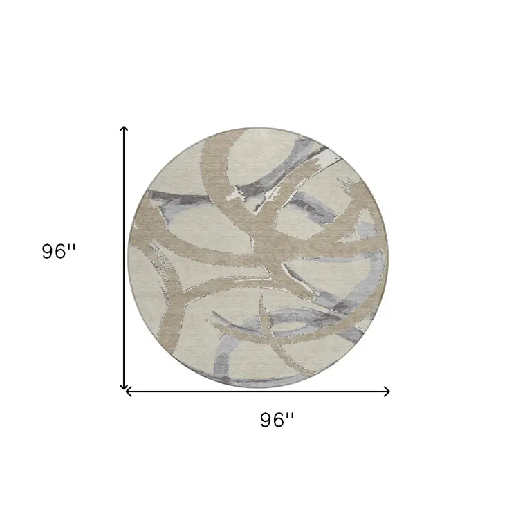 8' Beige Ivory And Gray Round Abstract Washable Indoor Outdoor Area Rug