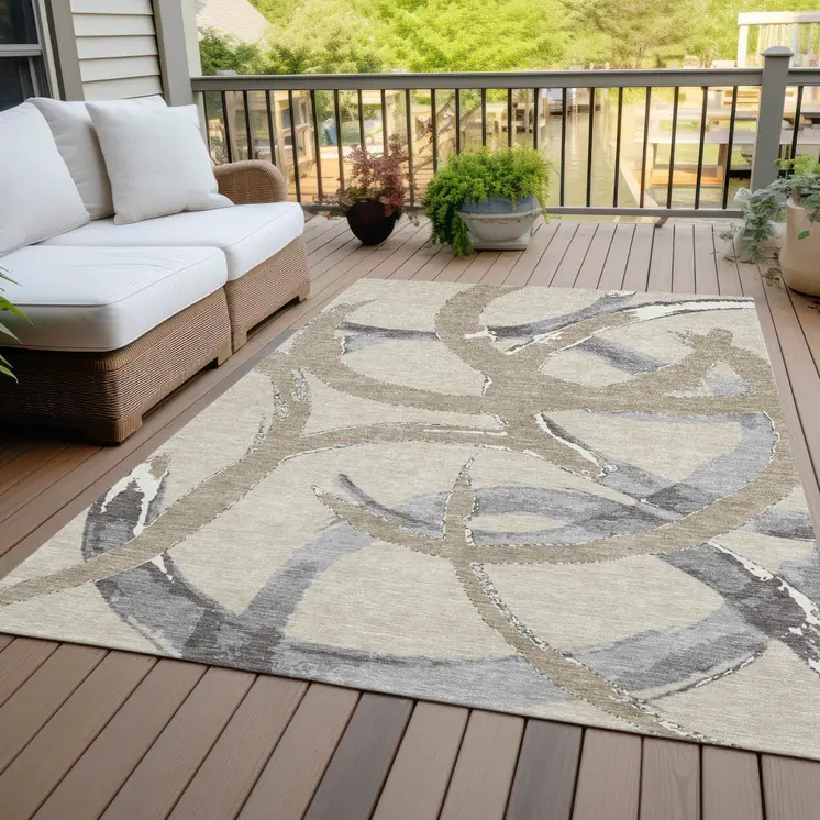 8' X 10' Beige Ivory And Gray Abstract Washable Indoor Outdoor Area Rug