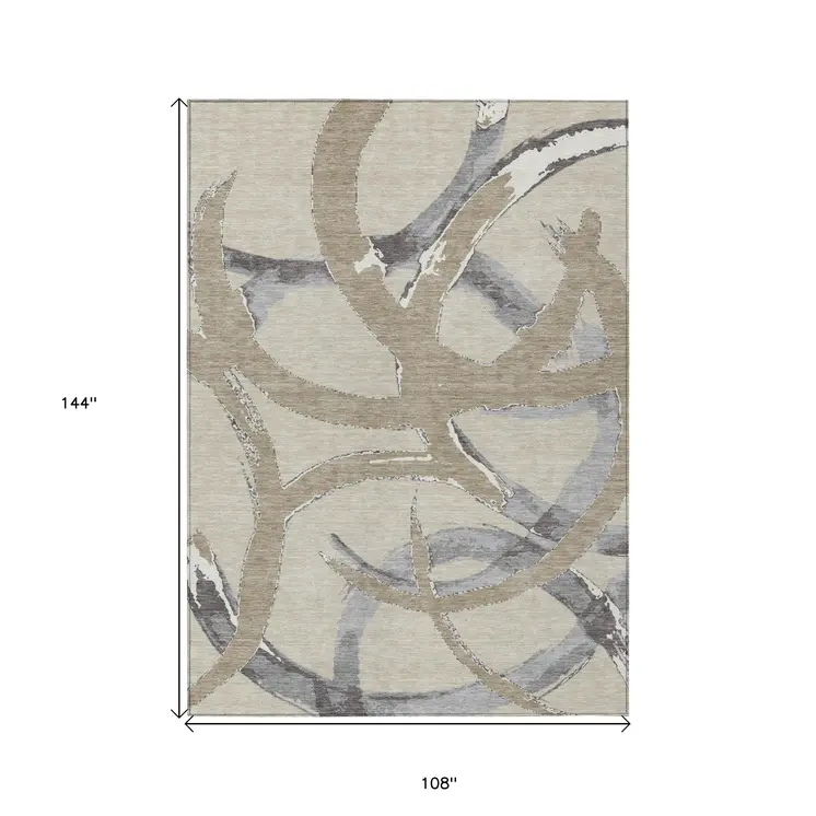 9' X 12' Beige Ivory And Gray Abstract Washable Indoor Outdoor Area Rug