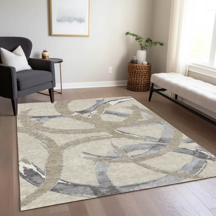 9' X 12' Beige Ivory And Gray Abstract Washable Indoor Outdoor Area Rug