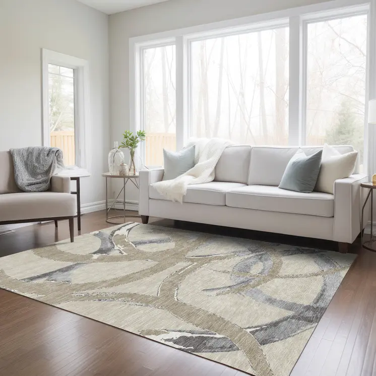 9' X 12' Beige Ivory And Gray Abstract Washable Indoor Outdoor Area Rug