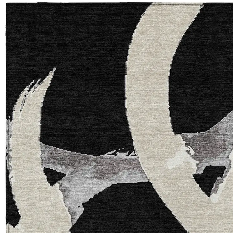 3' X 5' Black Ivory And Gray Abstract Washable Indoor Outdoor Area Rug