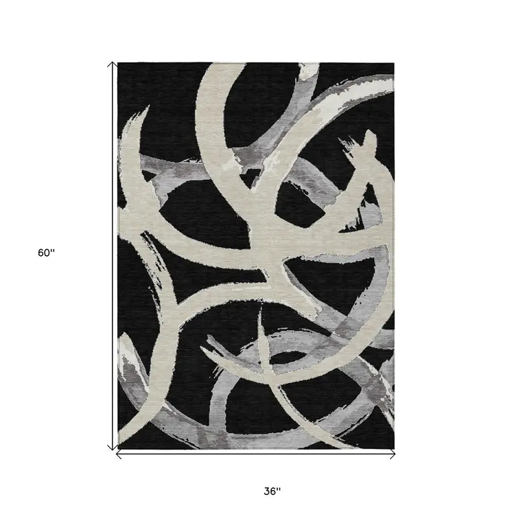 3' X 5' Black Ivory And Gray Abstract Washable Indoor Outdoor Area Rug