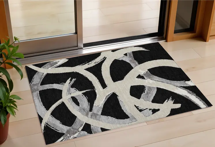 3' X 5' Black Ivory And Gray Abstract Washable Indoor Outdoor Area Rug