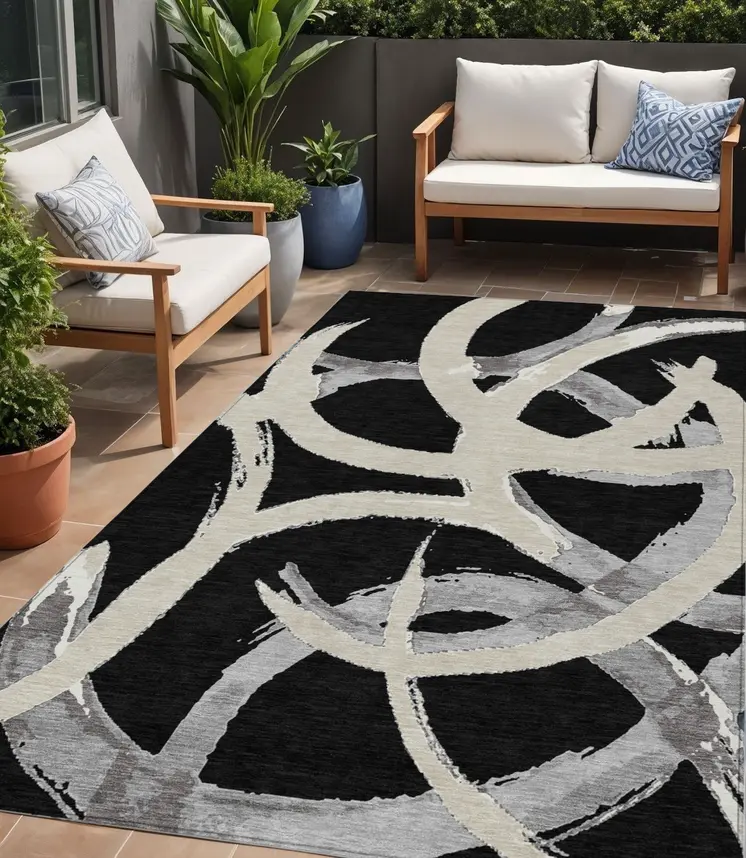 5' X 8' Black Ivory And Gray Abstract Washable Indoor Outdoor Area Rug
