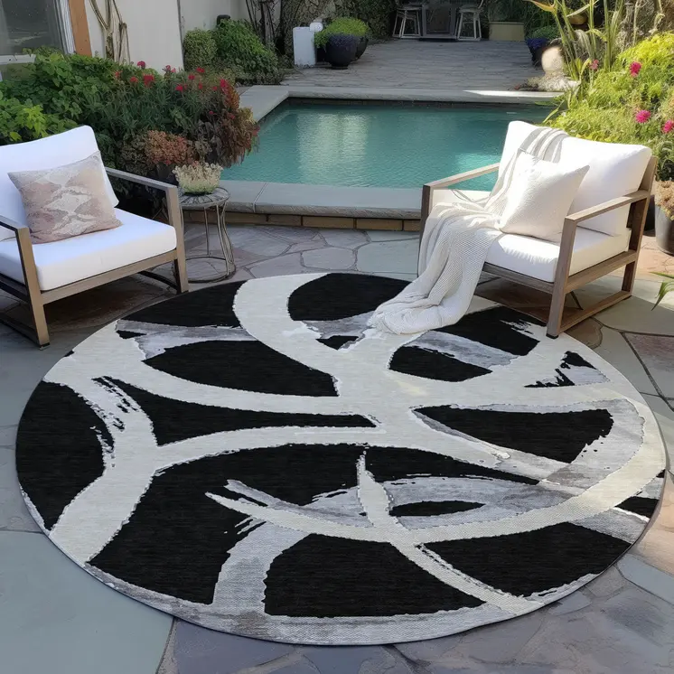 8' Black Ivory And Gray Round Abstract Washable Indoor Outdoor Area Rug