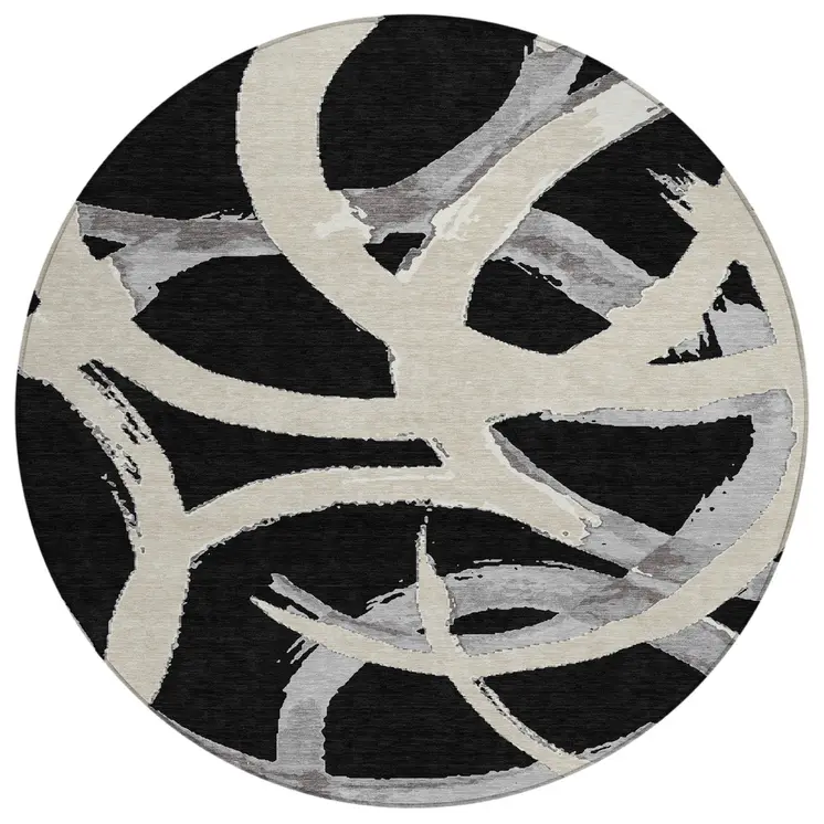 8' Black Ivory And Gray Round Abstract Washable Indoor Outdoor Area Rug
