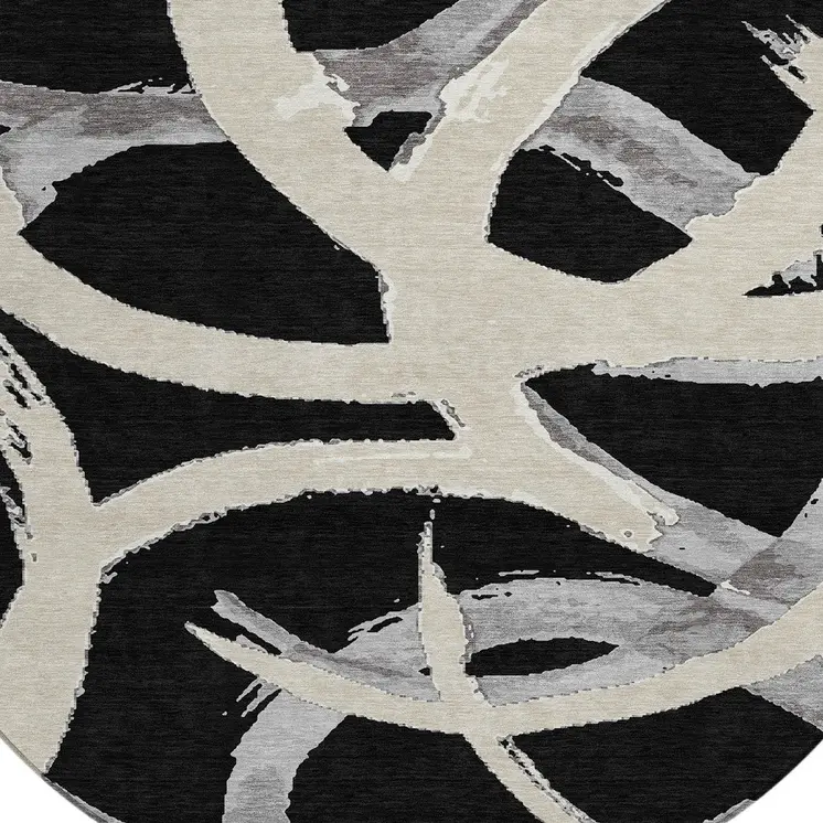 8' Black Ivory And Gray Round Abstract Washable Indoor Outdoor Area Rug