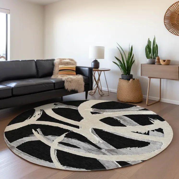 8' Black Ivory And Gray Round Abstract Washable Indoor Outdoor Area Rug