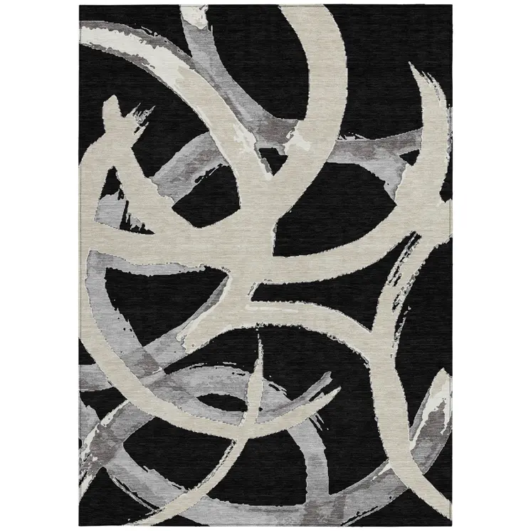 9' X 12' Black Ivory And Gray Abstract Washable Indoor Outdoor Area Rug