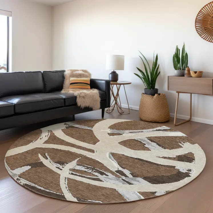 8' Brown Beige And Gray Round Abstract Washable Indoor Outdoor Area Rug