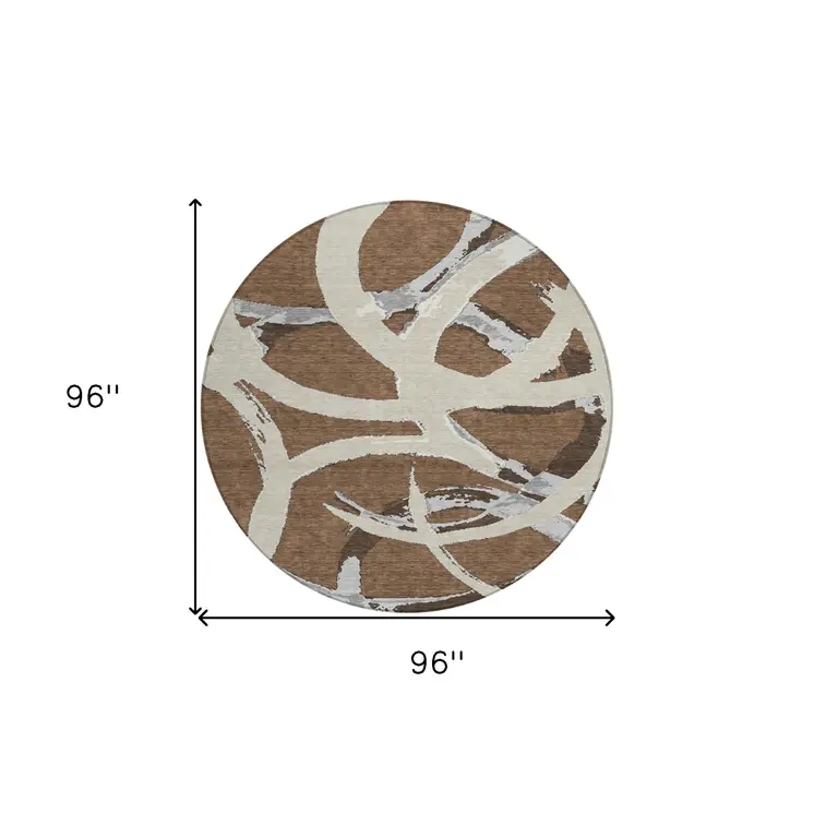 8' Brown Beige And Gray Round Abstract Washable Indoor Outdoor Area Rug