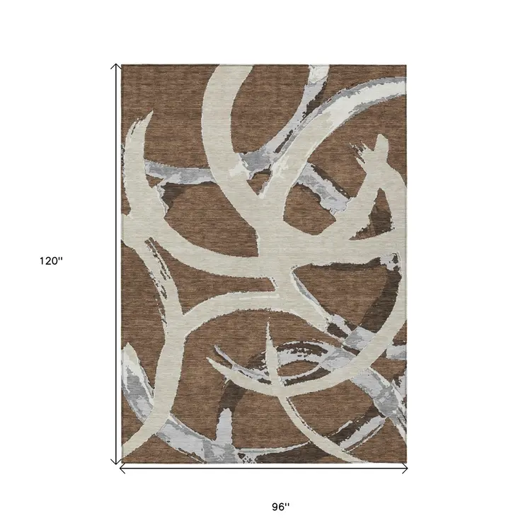 8' X 10' Brown Beige And Gray Abstract Washable Indoor Outdoor Area Rug