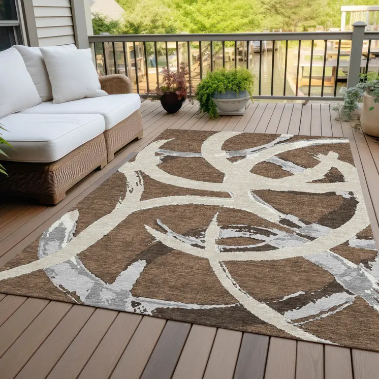 8' X 10' Brown Beige And Gray Abstract Washable Indoor Outdoor Area Rug