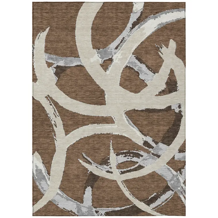 8' X 10' Brown Beige And Gray Abstract Washable Indoor Outdoor Area Rug