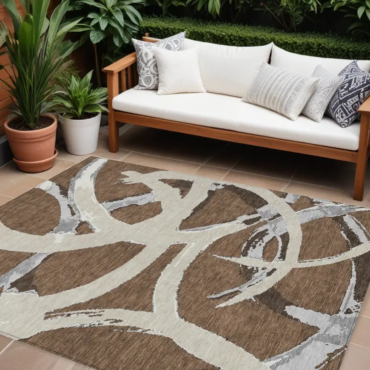 10' X 14' Brown Beige And Gray Abstract Washable Indoor Outdoor Area Rug