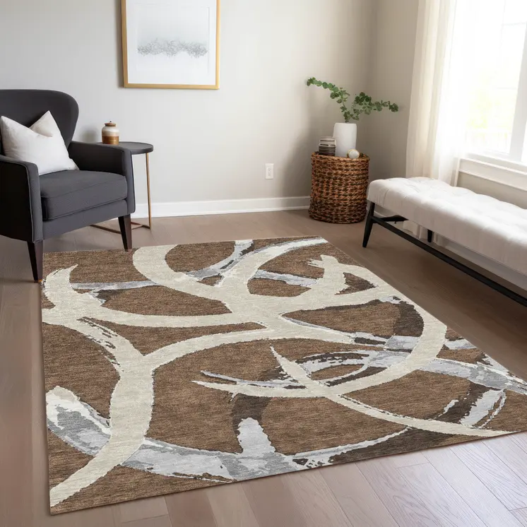10' X 14' Brown Beige And Gray Abstract Washable Indoor Outdoor Area Rug