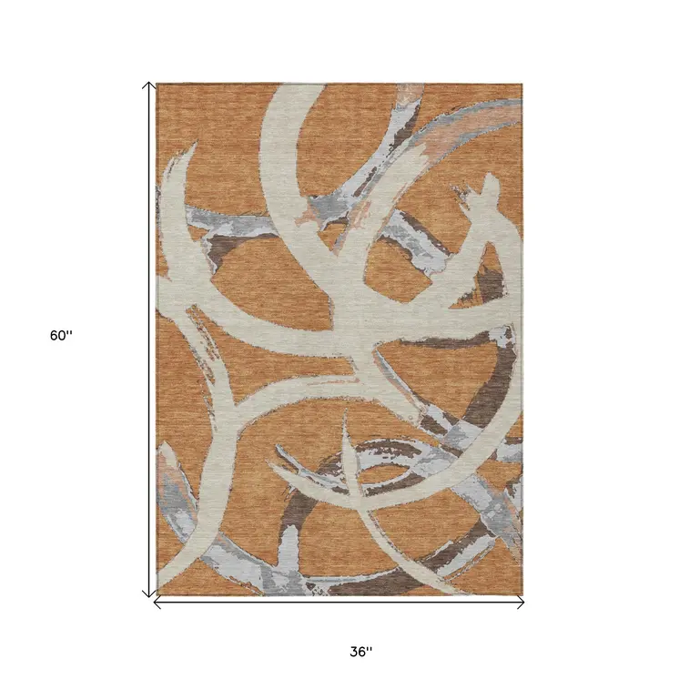 3' X 5' Copper Ivory And Gray Abstract Washable Indoor Outdoor Area Rug