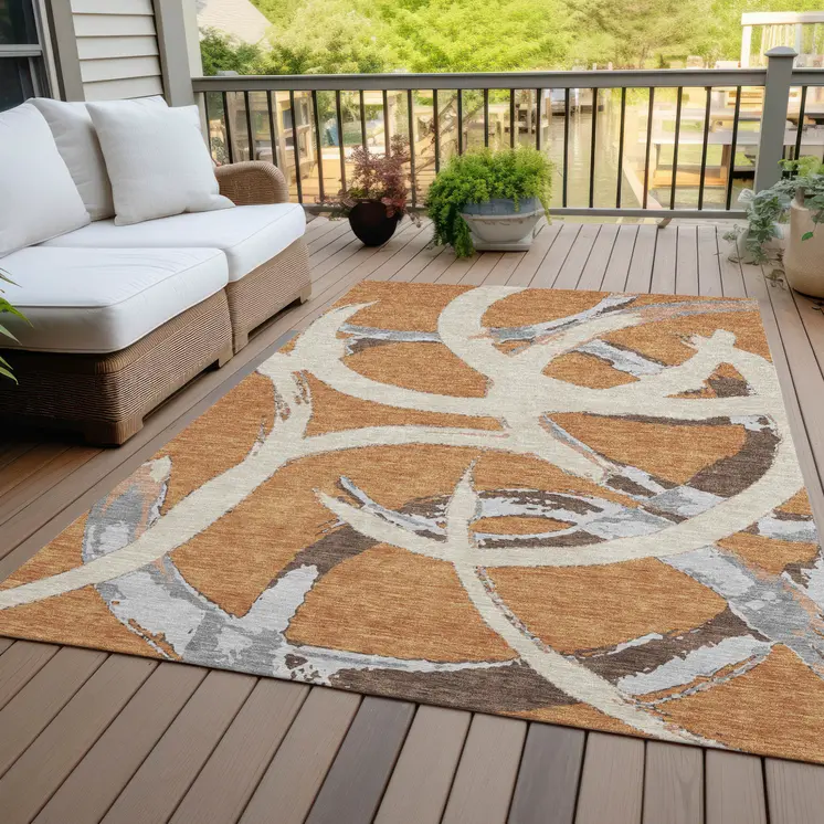 3' X 5' Copper Ivory And Gray Abstract Washable Indoor Outdoor Area Rug