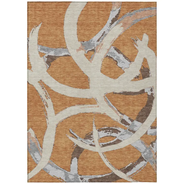 3' X 5' Copper Ivory And Gray Abstract Washable Indoor Outdoor Area Rug
