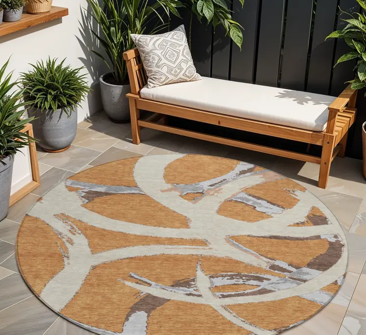 8' Copper Ivory And Gray Round Abstract Washable Indoor Outdoor Area Rug
