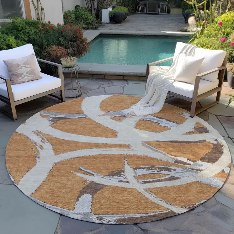 8' Copper Ivory And Gray Round Abstract Washable Indoor Outdoor Area Rug