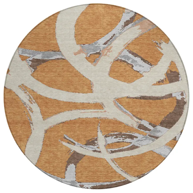8' Copper Ivory And Gray Round Abstract Washable Indoor Outdoor Area Rug
