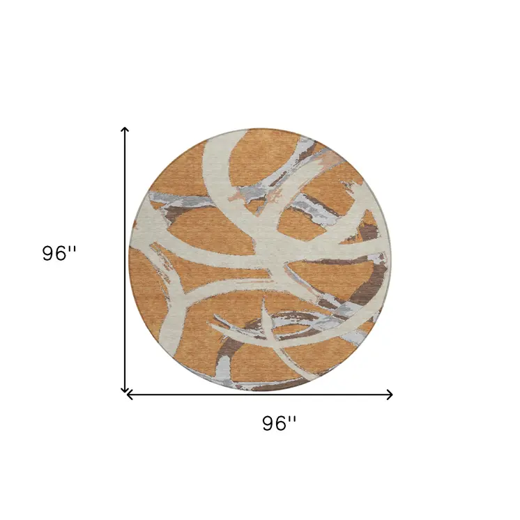 8' Copper Ivory And Gray Round Abstract Washable Indoor Outdoor Area Rug