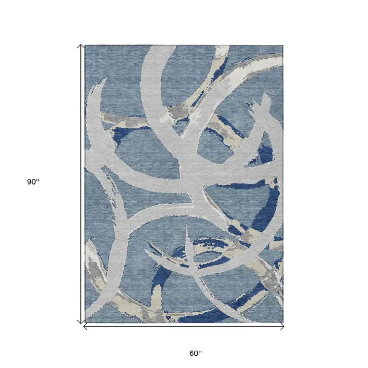 5' X 8' Gray Abstract Washable Indoor Outdoor Area Rug