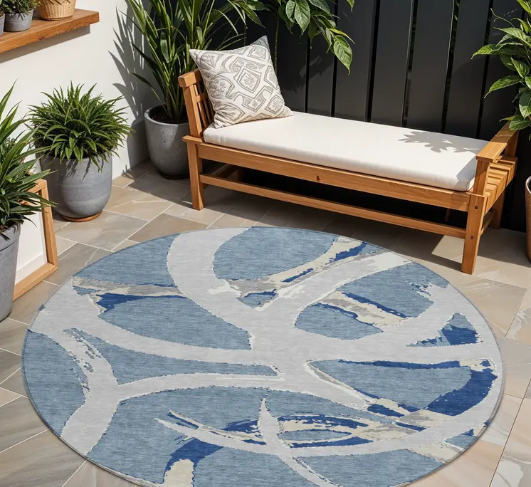 8' Gray Round Abstract Washable Indoor Outdoor Area Rug