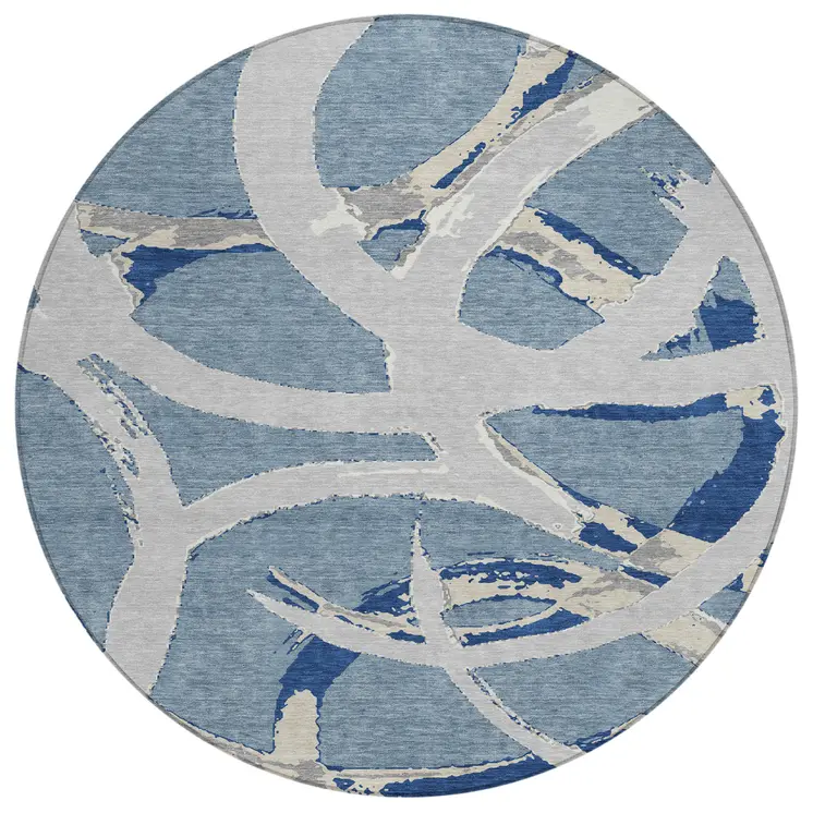 8' Gray Round Abstract Washable Indoor Outdoor Area Rug