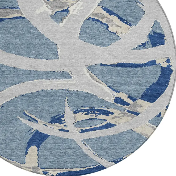 8' Gray Round Abstract Washable Indoor Outdoor Area Rug
