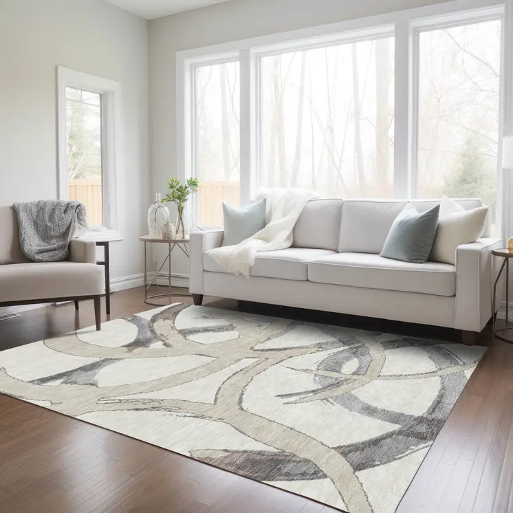 3' X 5' Ivory Gray And Beige Abstract Washable Indoor Outdoor Area Rug