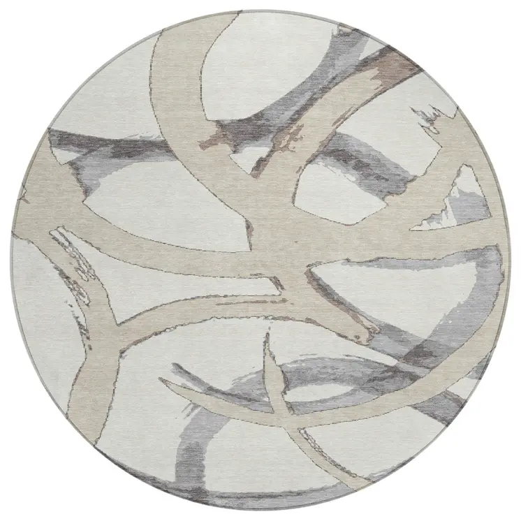 8' Ivory Gray And Beige Round Abstract Washable Indoor Outdoor Area Rug