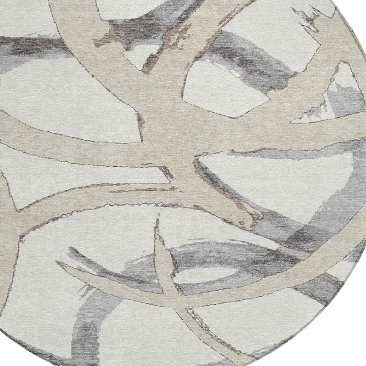 8' Ivory Gray And Beige Round Abstract Washable Indoor Outdoor Area Rug