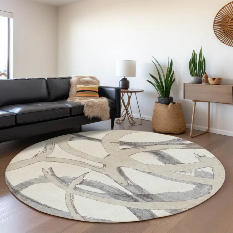 8' Ivory Gray And Beige Round Abstract Washable Indoor Outdoor Area Rug