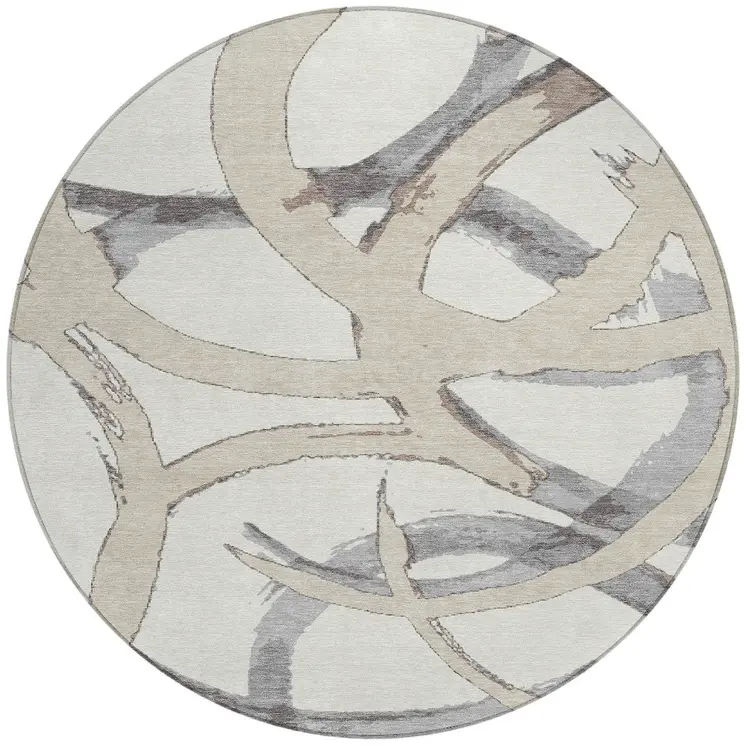 8' Ivory Gray And Beige Round Abstract Washable Indoor Outdoor Area Rug