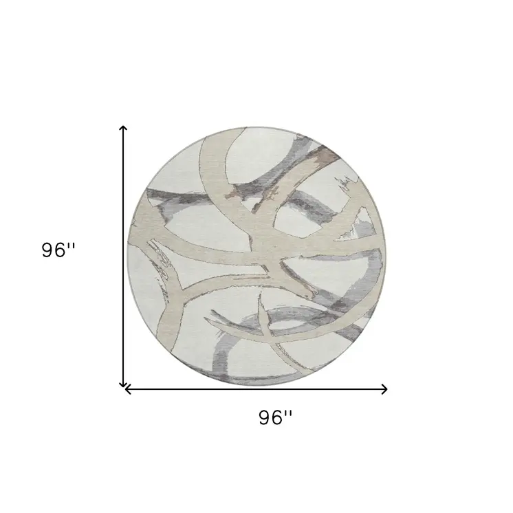 8' Ivory Gray And Beige Round Abstract Washable Indoor Outdoor Area Rug