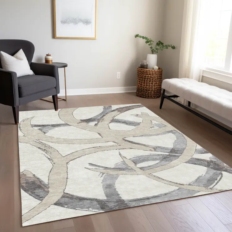9' X 12' Ivory Gray And Beige Abstract Washable Indoor Outdoor Area Rug