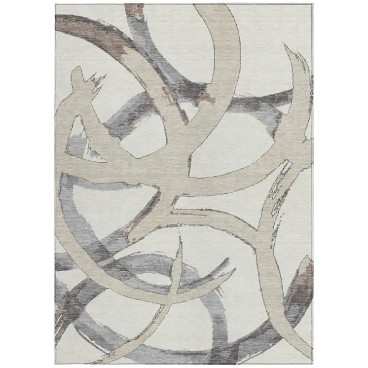 10' X 14' Ivory Gray And Beige Abstract Washable Indoor Outdoor Area Rug