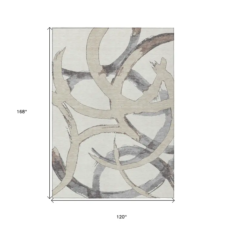 10' X 14' Ivory Gray And Beige Abstract Washable Indoor Outdoor Area Rug