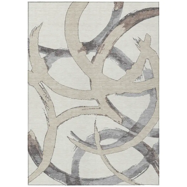 10' X 14' Ivory Gray And Beige Abstract Washable Indoor Outdoor Area Rug