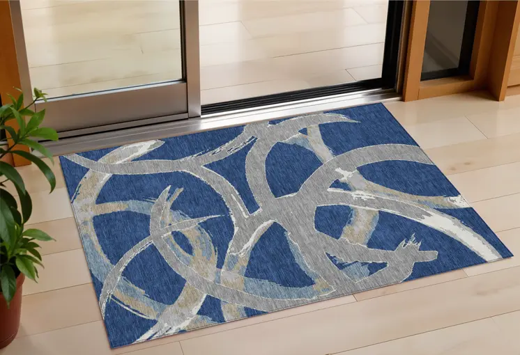 3' X 5' Navy Blue Gray And Ivory Abstract Washable Indoor Outdoor Area Rug