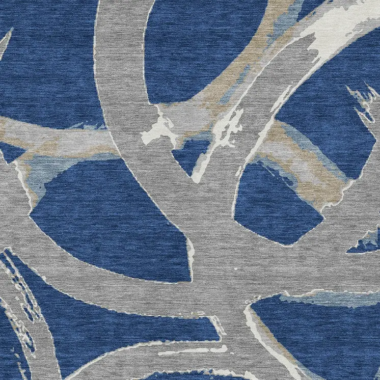 3' X 5' Navy Blue Gray And Ivory Abstract Washable Indoor Outdoor Area Rug